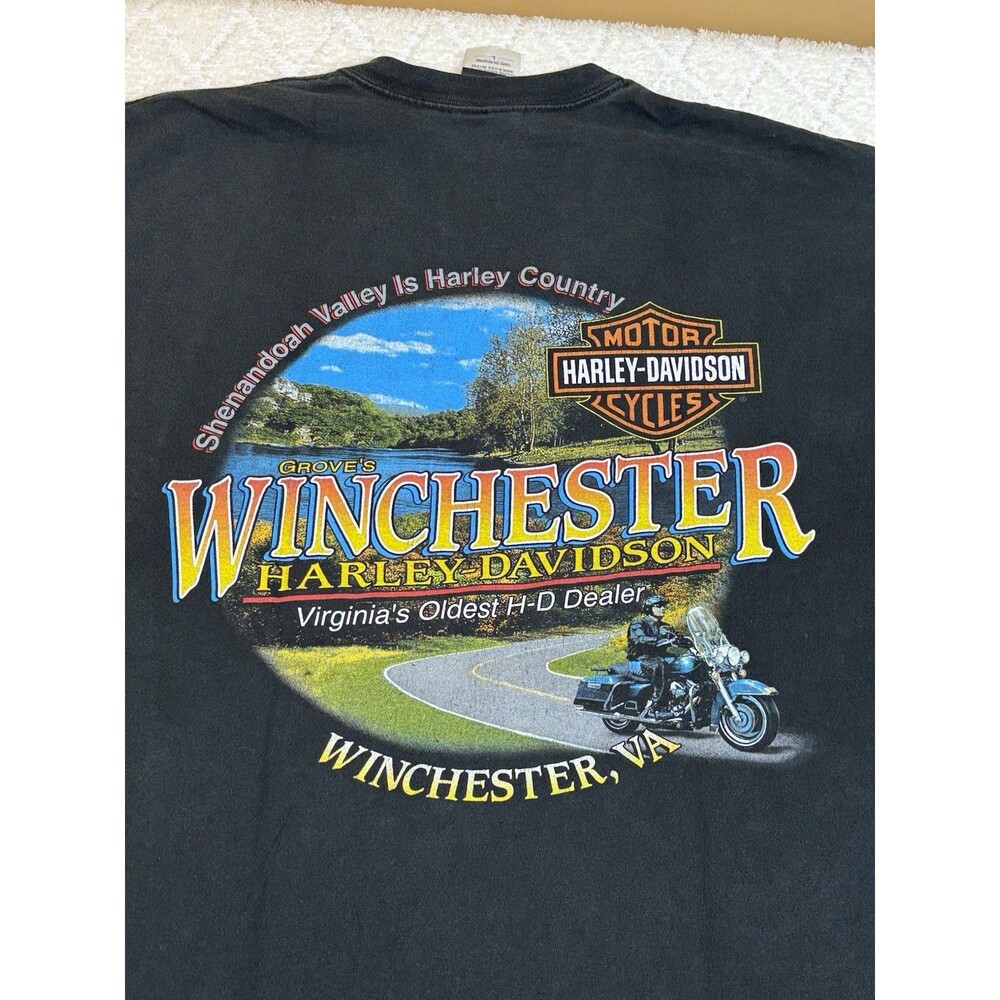 VTG Harley Davidson Winchester VA Virginia Oldest Dealer USA Made 2 Sided Tee L
